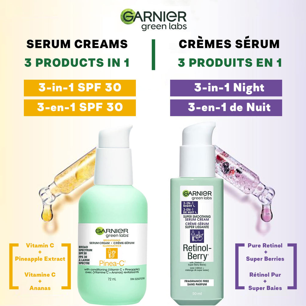 Garnier Green Labs Pinea-C 3-in-1 Brightening Serum Cream, 24H Moisture + Serum + SPF 30 with Vitamin C, 2.4 Fl Oz (72mL), 1 Count (Packaging May Vary)