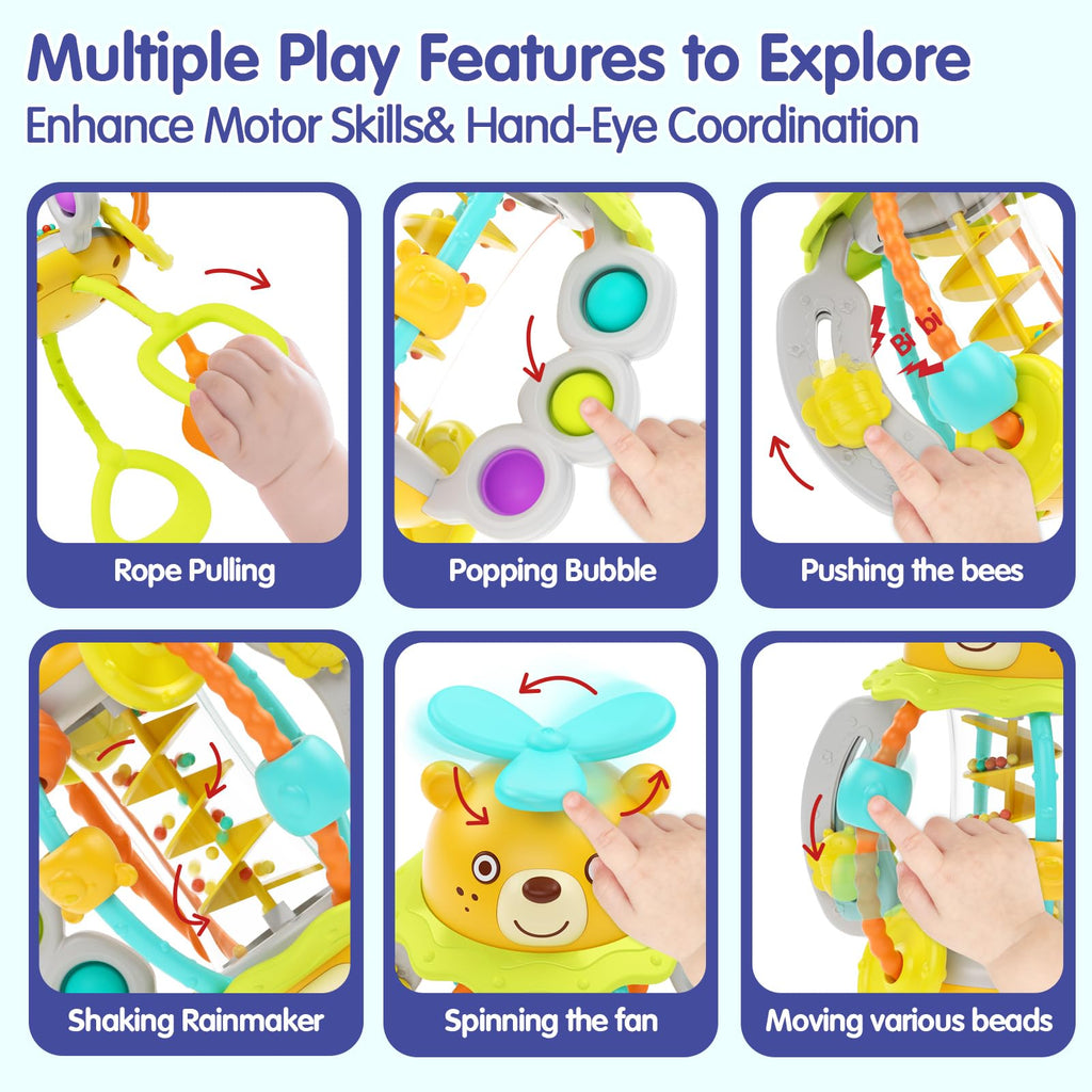 HOLA Montessori Toys for 1 Year Old Boys - Rattle Teething Baby Toys 0-6 & 6-12 Months, Silicone Pull String Sensory Toys for 1 Year Old Girl Gifts Christmas Stocking Stuffers