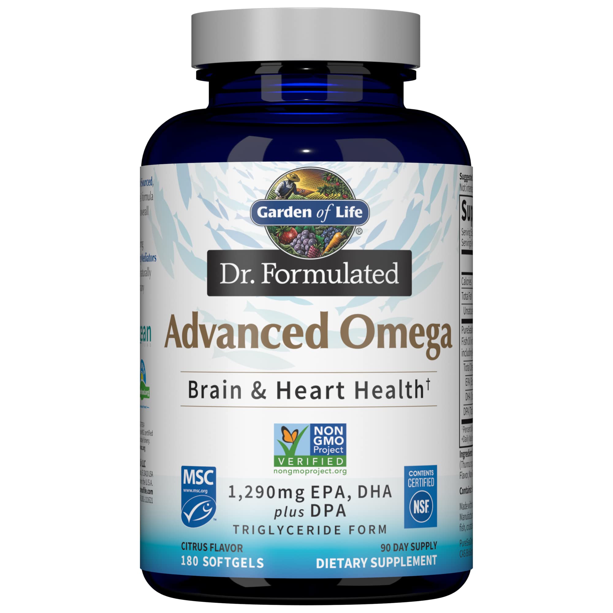 Garden of Life Dr. Formulated Advanced Omega Fish Oil, 1,290mg EPA DHA & DPA in Triglyceride Form - Omega 3 Fish Oil Supplement for Heart Health & Brain Support, Non-GMO, Citrus Flavored, 180 Softgels