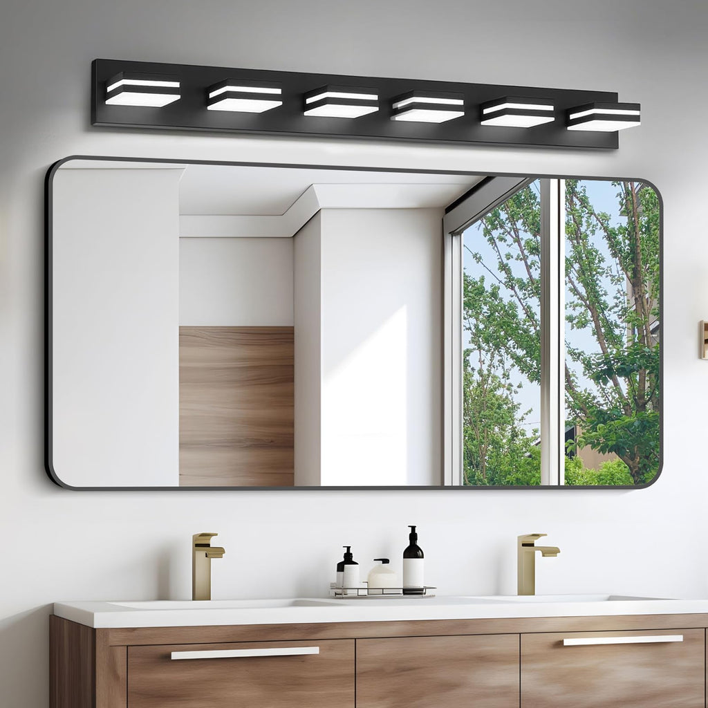 IZORRO LED Modern Bathroom Lights Fixtures(6-Light,Dimmable,360°Rotate),Matte Black Acrylic Wall Lighting,Vanity Lights for Bathroom Over Mirror - 6000k 36In （No Assembly Required）