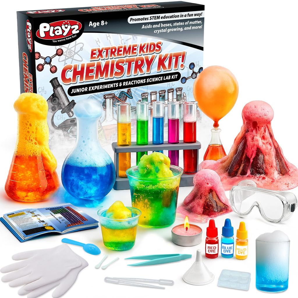 Playz Extreme Chemistry Set – 52 Unique Experiments, Science Kits for Kids Age 8-12, Lab Gear, Volcano Project, Learning Tools, Fair Activity, Discovery Gift, STEM Toys for Boys and Girls