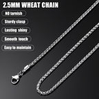 Fiusem 2.5mm Silver Tone Wheat Chain for Men, 24 Inches