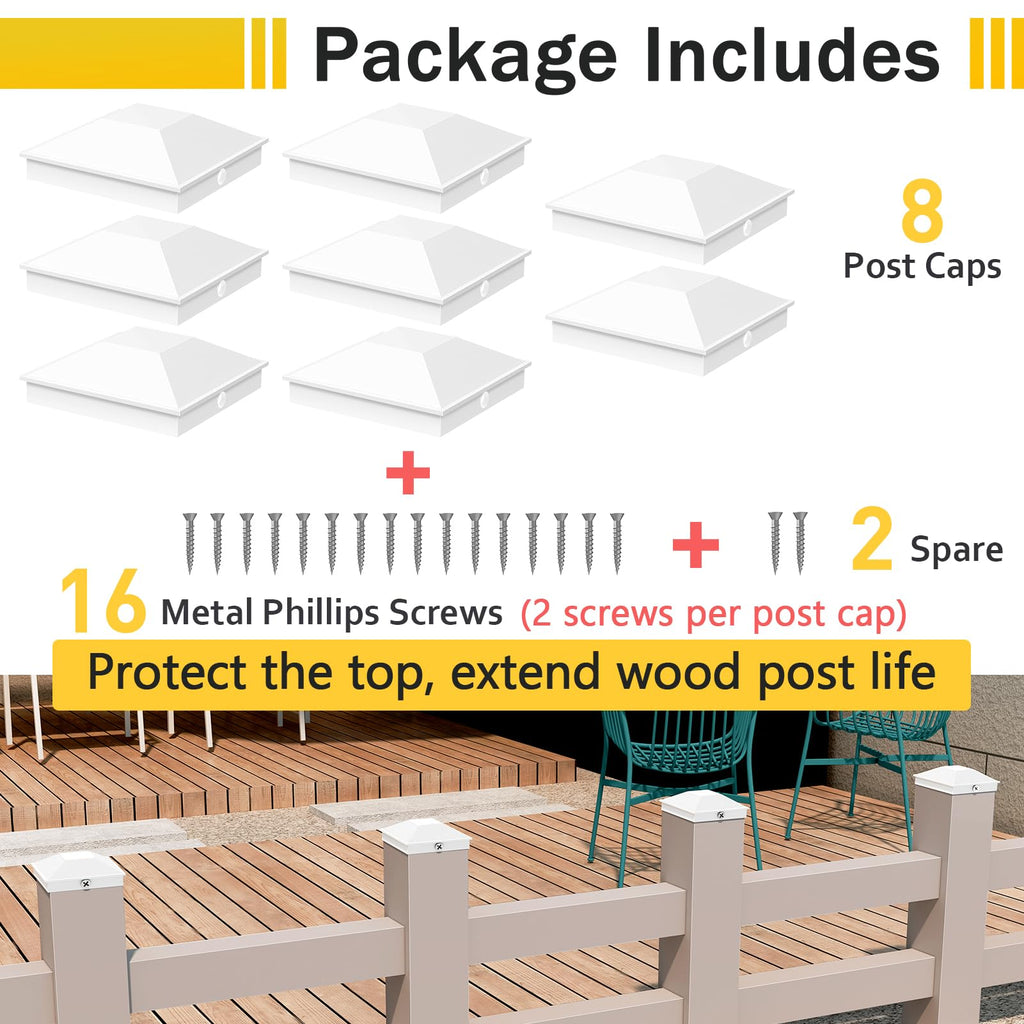 Goovilla 4x4 Post Caps White(Actual 3.5" x 3.5"), 8 Pack Fence Post Caps with 16 Screws and Easy Installation, Sturdy Waterproof Plastic Deck Post Caps with Frosted Finishing Touch, Protect Wood Post