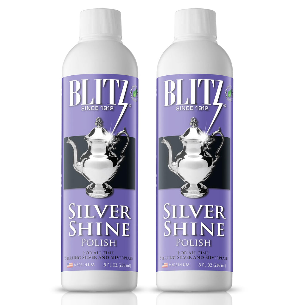 Blitz Silver Shine Polish Liquid Silver Polish for Sterling and Silverplate Jewelry, Dishes, Flatware, Fixtures, & Decor Non-Toxic, Non-Abrasive, & Planet Friendly Made in The USA 8oz Pack of 2