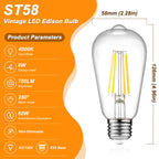 Ascher Vintage LED Edison Bulbs, 6W, Equivalent 60W, Non-Dimmable, High Brightness Cool White 4000K, ST58 Antique LED Filament Bulbs with 80+ CRI, E26 Medium Base, Clear Glass, Pack of 6