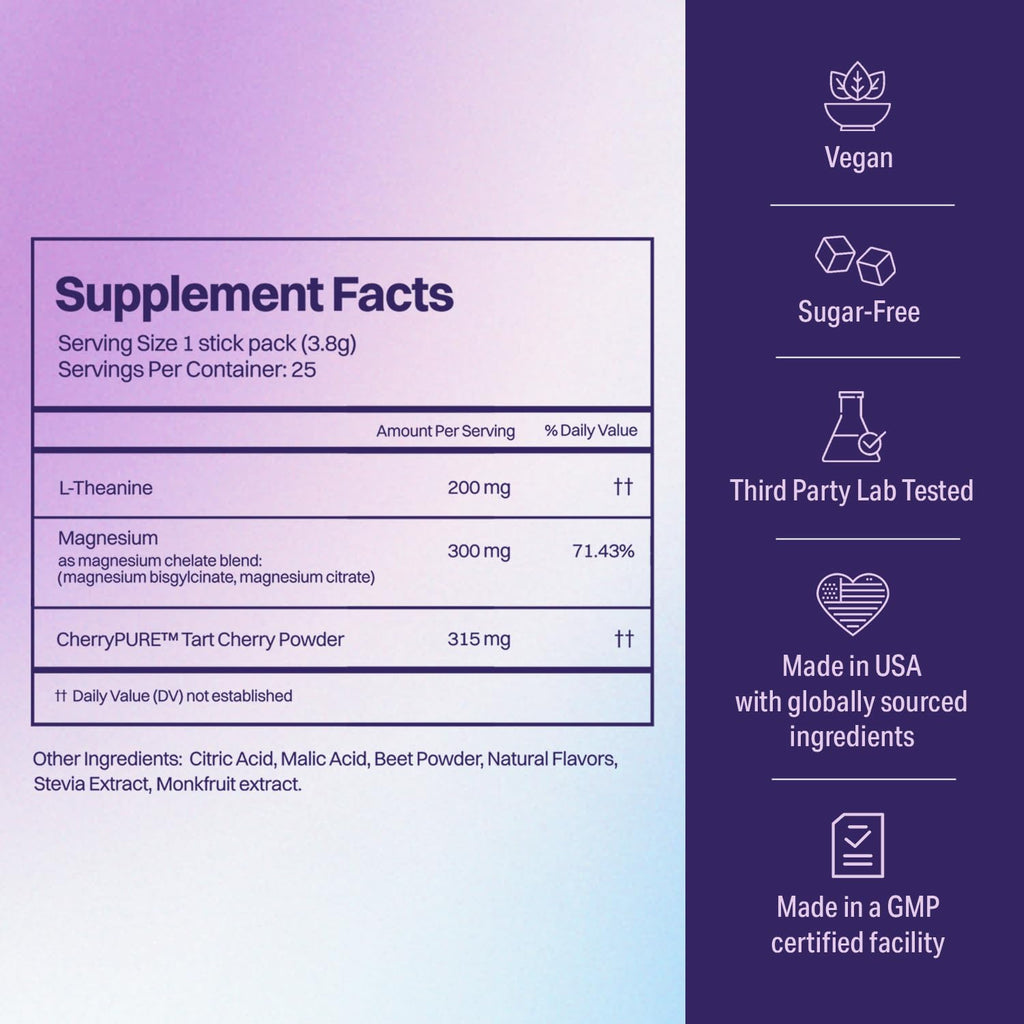 Nite Nectar Magnesium Glycinate Powder Sleep Promoting Supplement – Sleepy Mocktail Drink Mix Packets with Tart Cherry & L-Theanine for Calm Relaxing – Sugar & Melatonin Free, Lab-Tested - 25 Count
