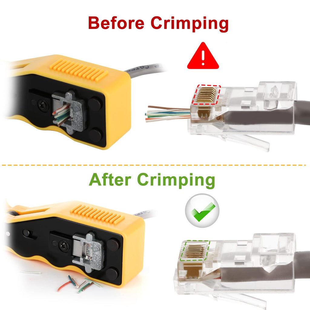 RJ45 Crimp Tool Kit Pass Through Ethernet Crimper for Cat5e Cat6 Cat6a 8P8C Modular Plugs,Cat6 Crimping Tool with 20 Connectors,20 Covers,1 Mini Stripper,100 Cable Zip Ties,1 Cable Tester, 2 Blades