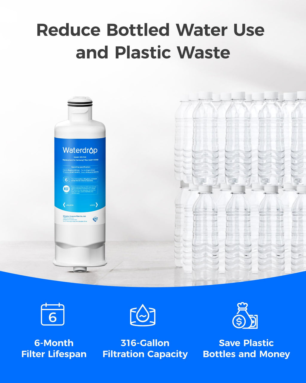 Waterdrop WD-F45 Replacement for Samsung® DA97-17376B, HAF-QIN/EXP, DA97-08006C, RF28R7201SR, RF28R7351SG, Refrigerator Water Filter, 2 Filters