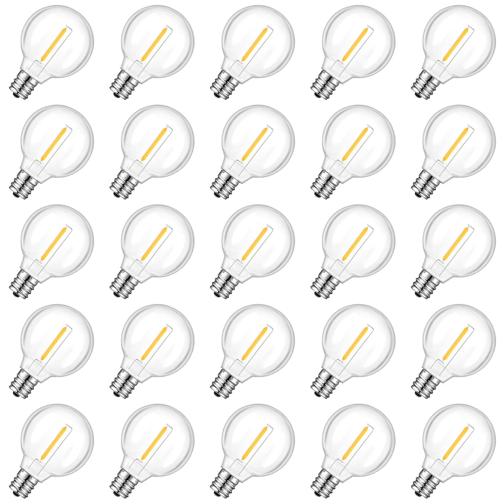 GvvooHome 25 Pack G40 LED Replacement Light Bulbs, Waterproof Clear Globe Light Bulb E12 Screw Base for Outdoor String Lights, Patio Cafe Décor, Dimmable, Warm White