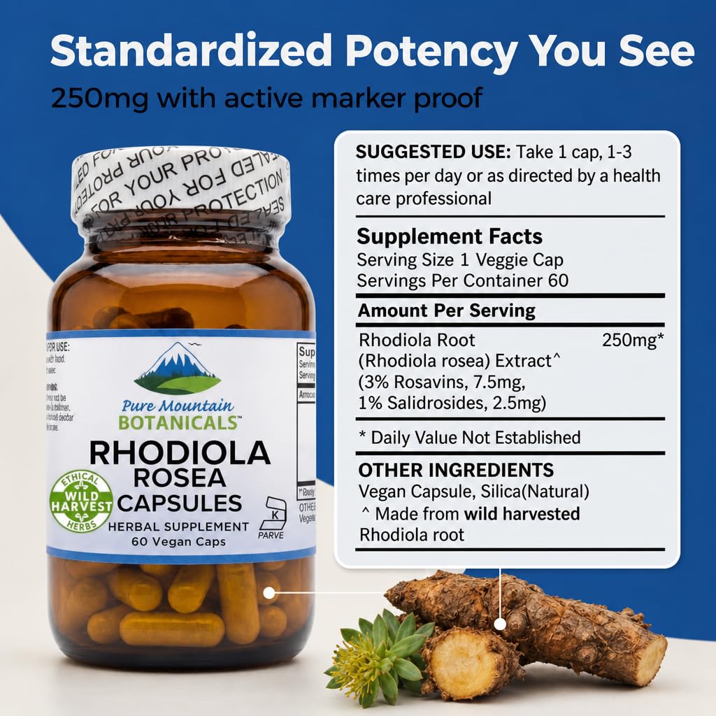 Pure Mountain Botanicals Rhodiola Rosea Supplement - 60 Capsules 250mg - Root Extract Standardized 3% Rosavins 1% Salidroside - Vegan Kosher Gluten Free