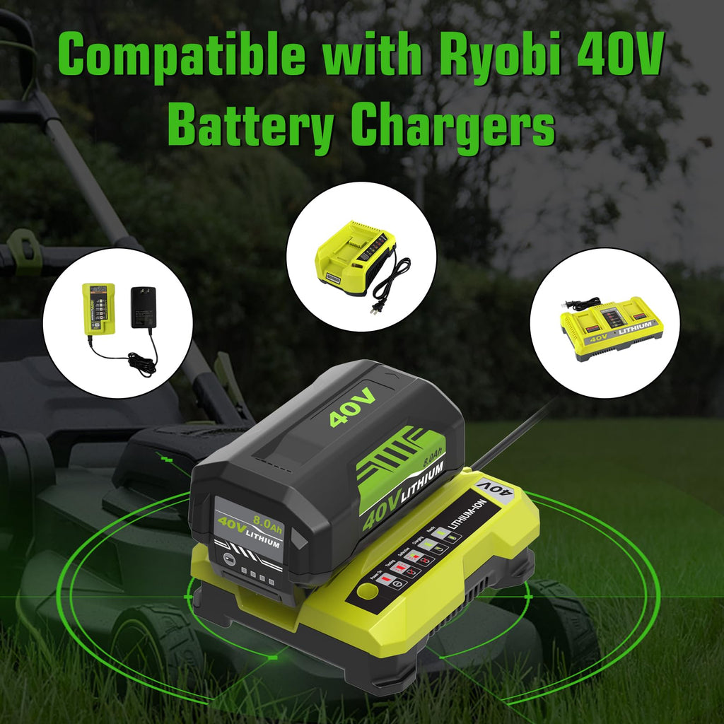 2Pack Upgraded to 8000mAh Replacement for Ryobi 40V Battery and Charger OP401 Combo, Compatible with Ryobi 40Volt Battery Lithium ion OP40261 OP40404 OP4050A OP40602 OP4075A Cordless Tools