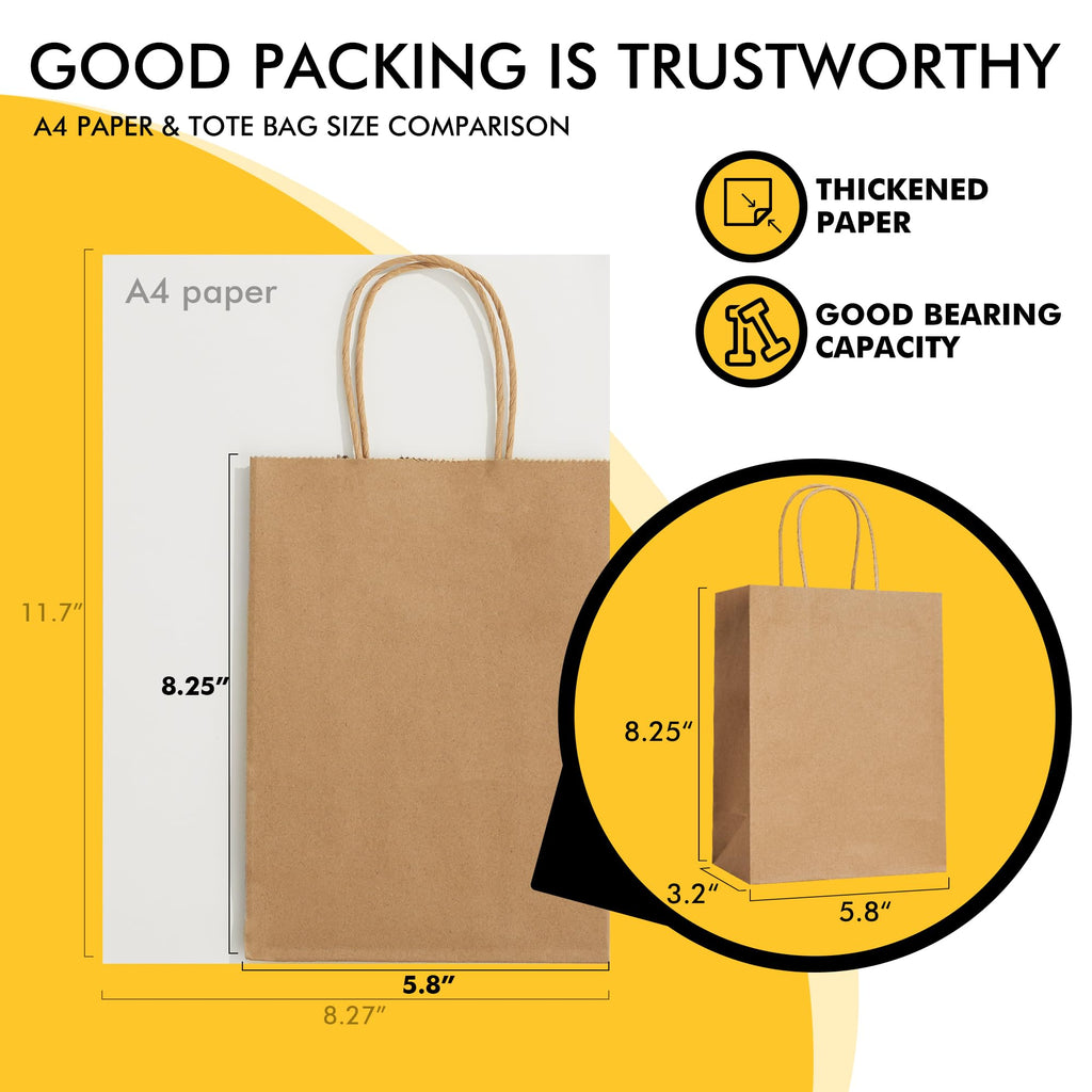 RACETOP Small Brown Kraft Paper Bags 100 Pack 5.8x3.2x8.25 in with Handles
