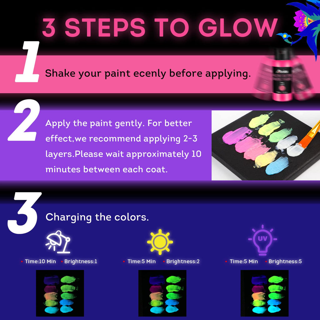 ABEIER Glow in the Dark Acrylic Paint Set, 10 x 2 oz, Blacklight