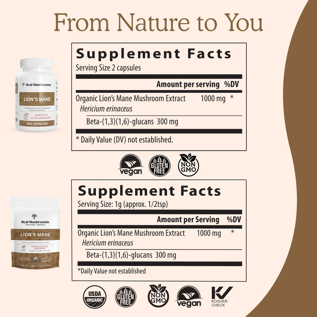 Real Mushrooms Lion’s Mane Powder - Organic Lions Mane Mushroom Extract for Cognitive Function & Immune Support - Brain Supplements for Memory and Focus - Vegan Mushroom Supplement, 150 Servings