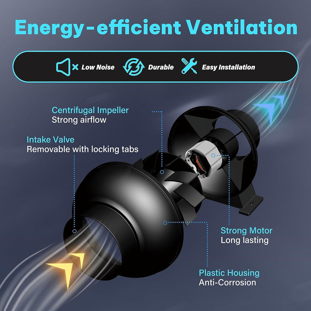 Simple Deluxe 4 Inch 195 CFM Inline Duct Ventilation Fan, Exhaust Fan HVAC Vent Blower for Hydroponics Grow Tent, Basements, Kitchens, Attic, Greenhouses, Black