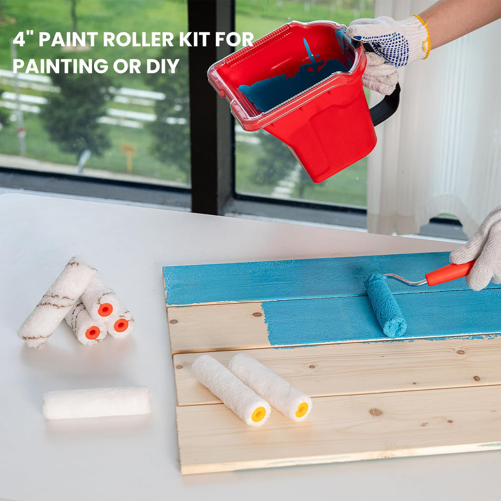 Mister Rui Paint Roller 4 Inch, 14 Pack Small Paint Brush and Roller Kit, 0.5 QT Paint Bucket Liner with Lid, Household Mini Rollers for Painting & DIY