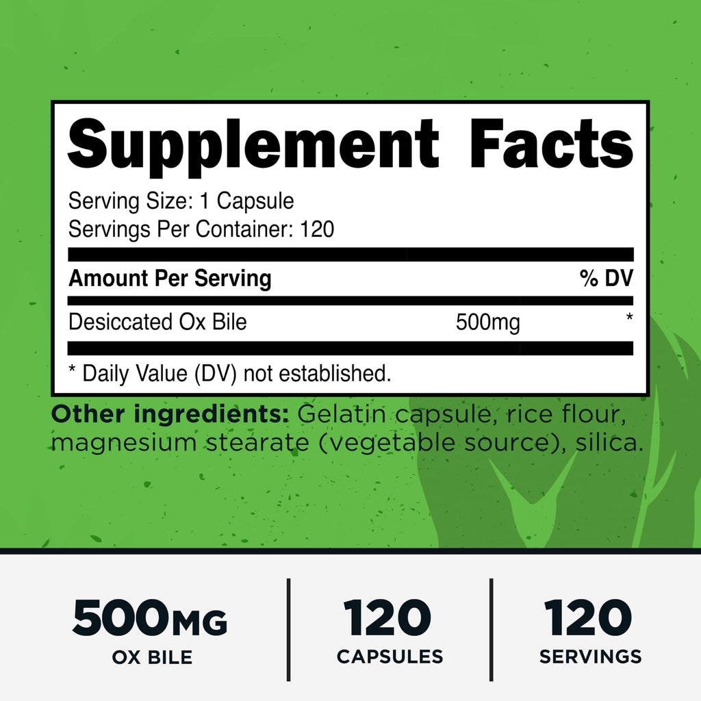 Primal Ox Bile (500mg) 120 Capsules, Gluten-Free, GMO-Free