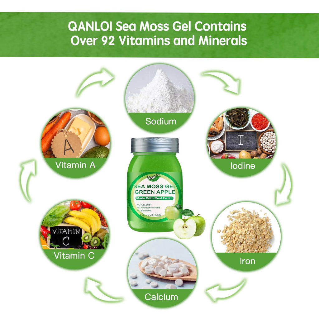Sea Moss Raw,15OZ Natural Sea Moss Gel with Irish Sea Moss-Immune and Digestive Support Vitamin Mineral Antioxidant Supplements(Green Apple)