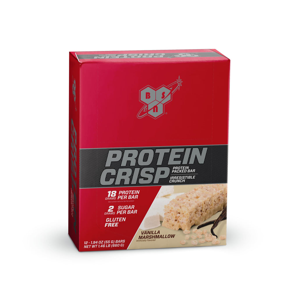 BSN Protein Crisp Bar, Vanilla Marshmallow, 18 Gram Protein Snack Bars with Whey and Fiber, Gluten-Free Crunchy Energy Bars for Workout, Fitness, On-the-Go, 12 Count