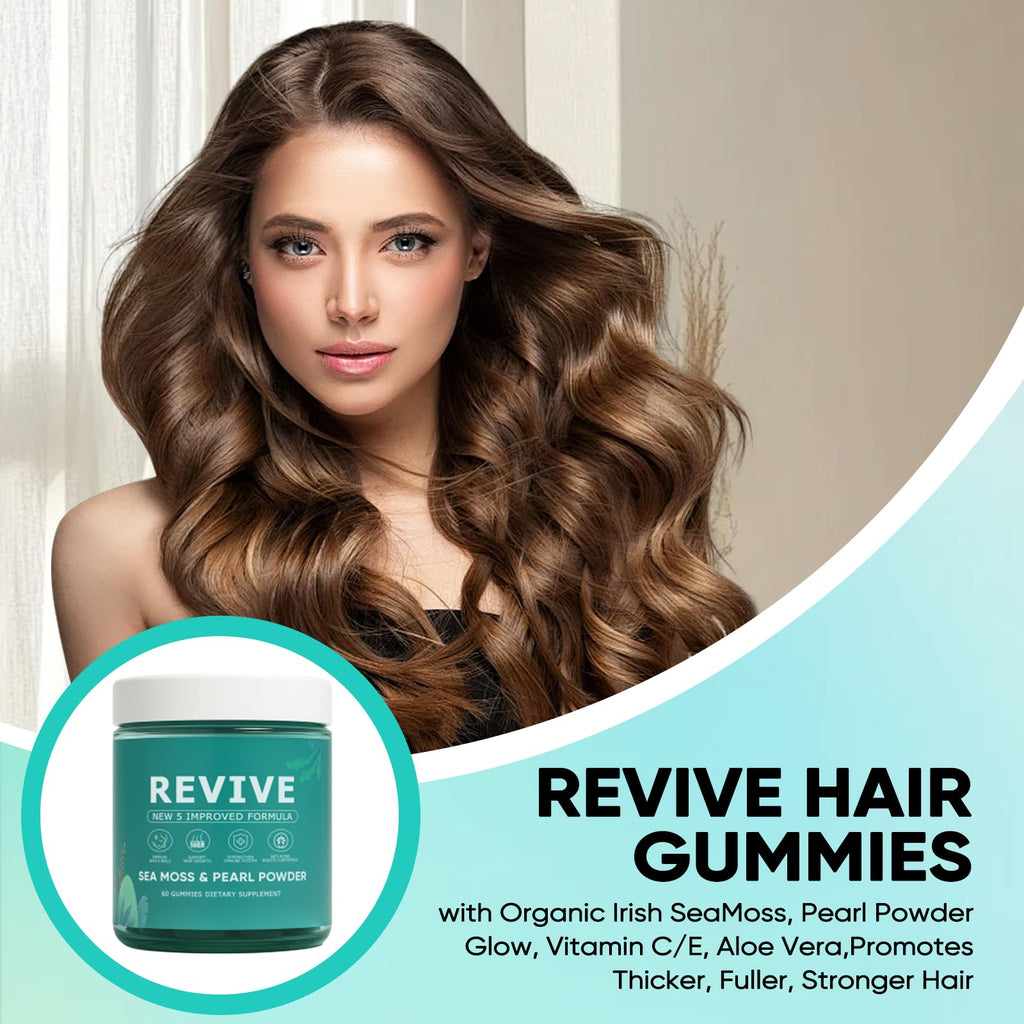 KLUNIZ Revive Hair Gummies, Balmbare Revive Gummies for Hair, Promotes Thicker, Fuller, Stronger Hair, with Organic Irish Sea Moss, Pearl Powder Glow, Vitamin C/E, Aloe Vera, 60 Count