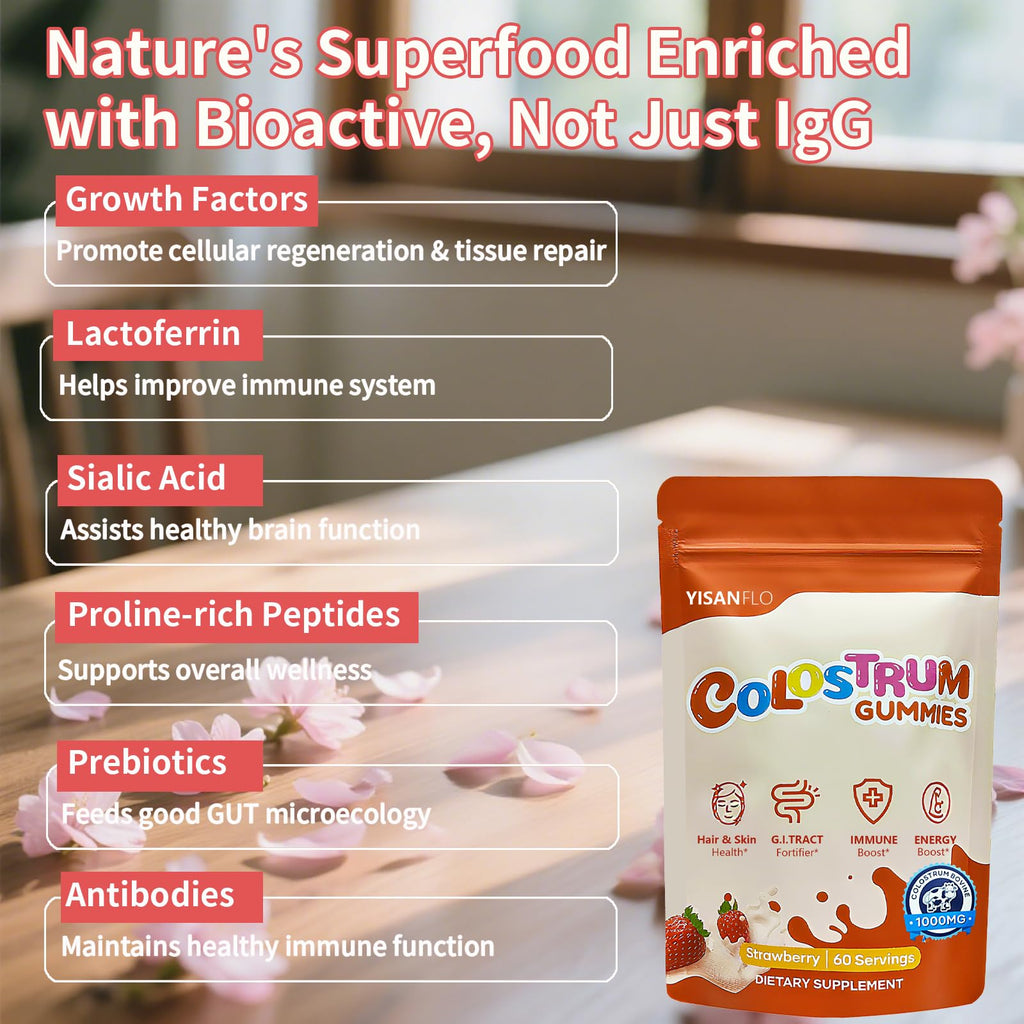 YISANFLO 60 Servings Colostrum Gummies | Delicious 1g per Serving Grass Fed Bovine Colostrum Supplement | Colostrum Chews for Gut Health, Immunity, Hair, Skin and Beauty | Strawberry Flavor