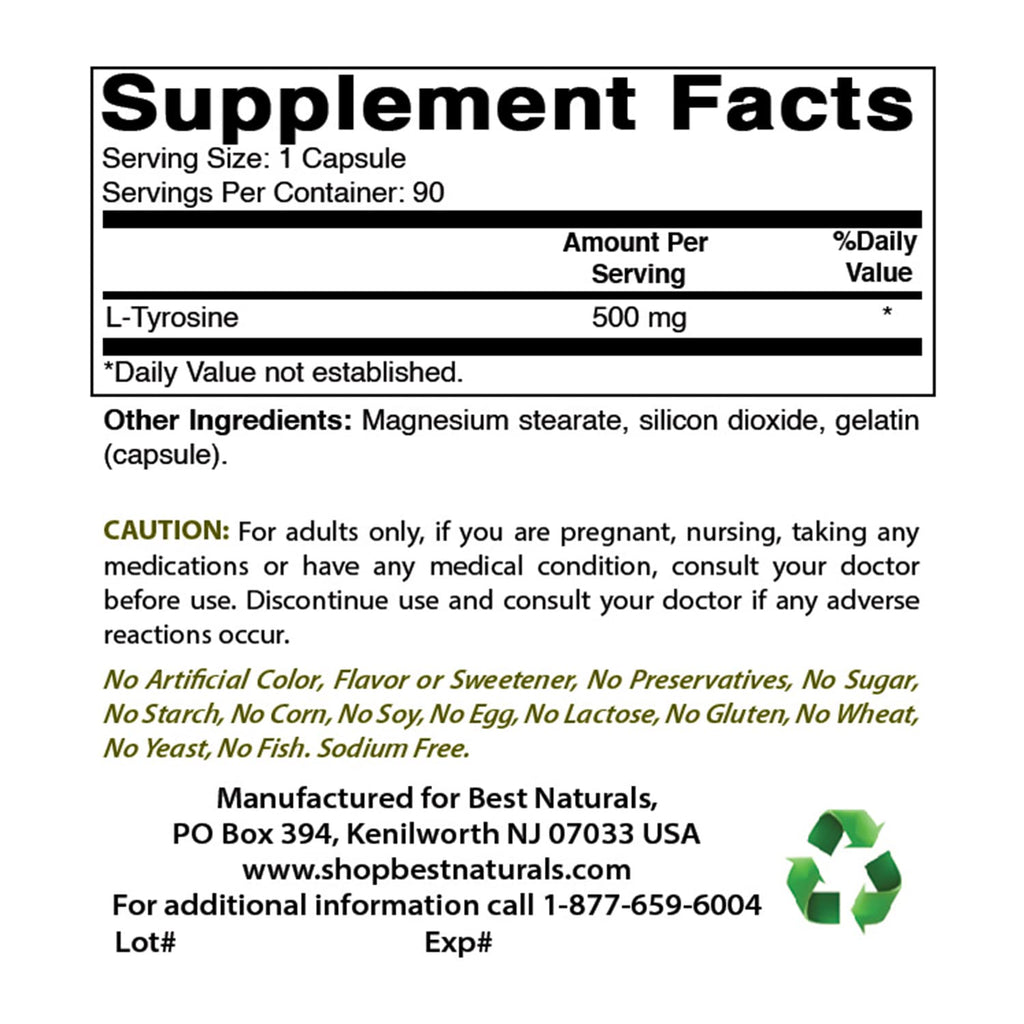 Best Naturals L-Tyrosine 500 mg 90 Capsules (90 Count (Pack of 3))
