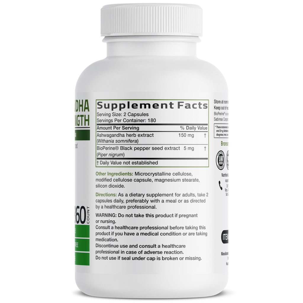 Bronson Ashwagandha Extra Strength Stress & Mood Support with BioPerine - Non GMO Formula, 360 Vegetarian Capsules