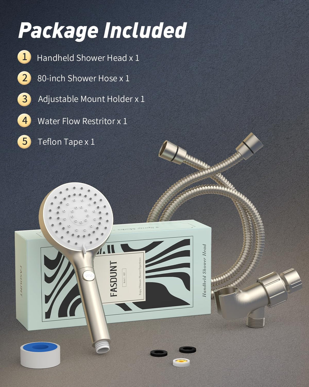 FASDUNT Shower Head with Handheld, High Pressure Handheld Shower Head with 80" Extra Long Stainless Steel Hose & Adjustable Bracket, Showerhead with ON/OFF Switch for Pets Bath, Brushed Nickel
