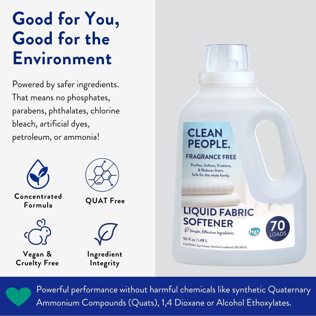 The Clean People Liquid Fabric Softener - Softens & Removes Static Cling - Vegan (50 Fl Oz, Fragrance Free)