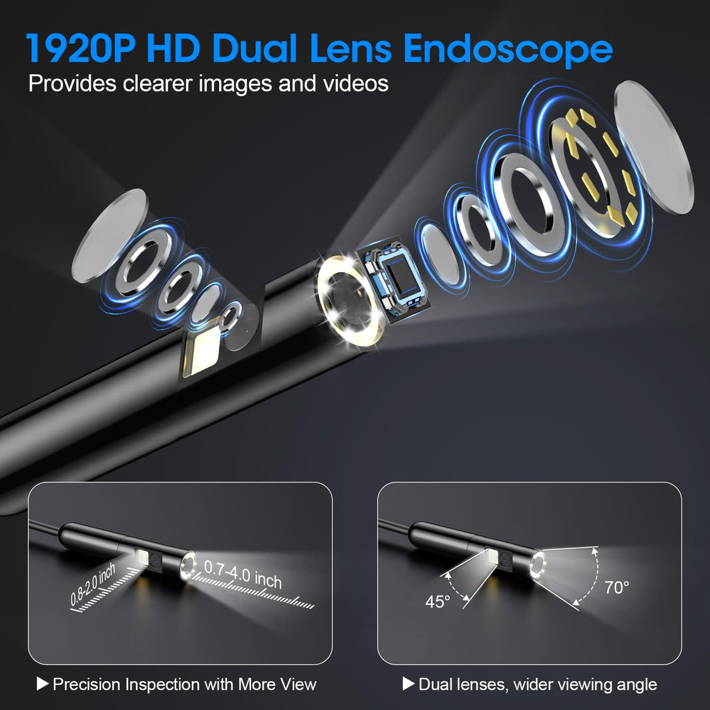 Endoscope with Light, 1920P HD Borescope with 8 Adjustable LED Lights, Semi-Rigid Snake Camera, IP67 Waterproof Inspection Tool (9.8ft, Black + Dual Lens Wiring Harness)