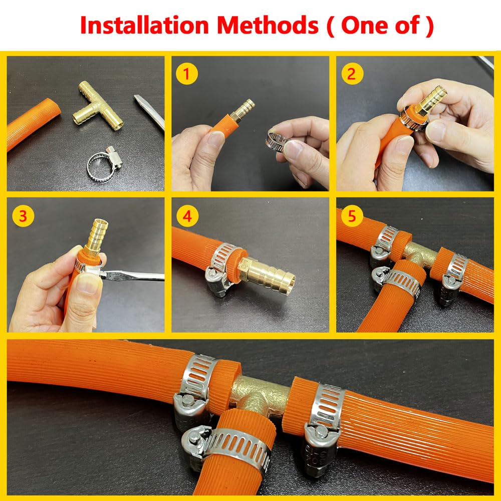 Da by 2 pcs 1/2" (12.5mm) Brass Tee Barb Fittings for 12.5mm ID Hose,6 pcs Stainless Steel Pipe Clamps,3 Way Union Intersection for Water/Fuel/Air(T)