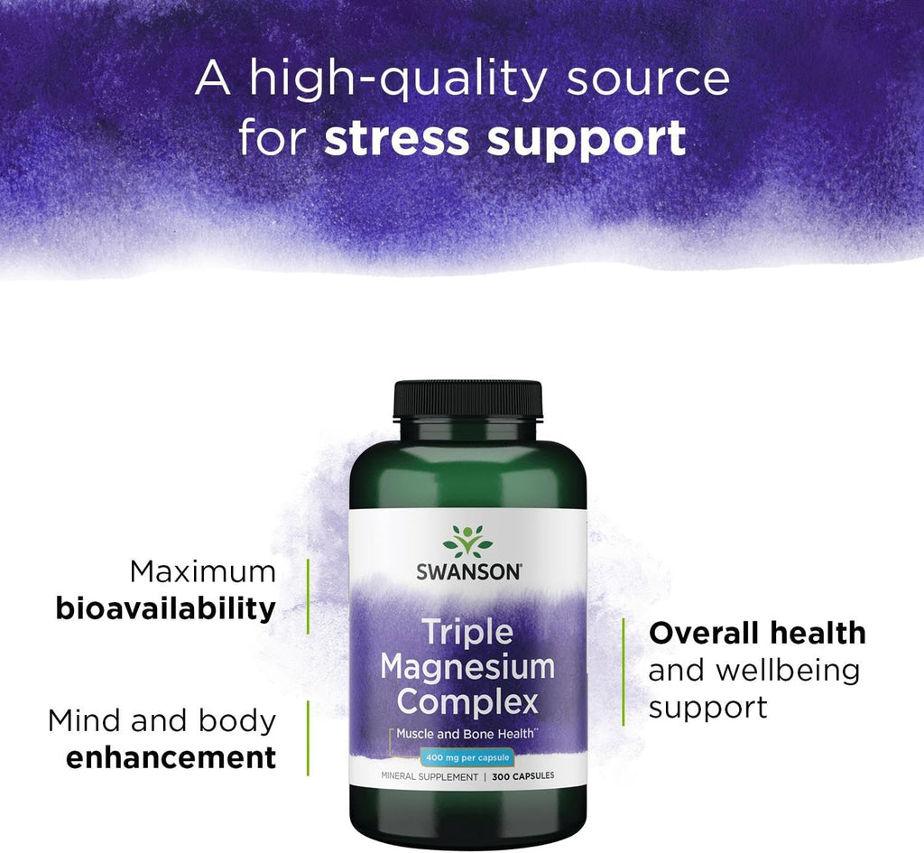 Swanson Triple Magnesium Complex - 400mg Supplement for Optimal Bone Health and Absorption - Citrate, Oxide, and Aspartate - Triple Magnesium Supplement (300 Capsules)