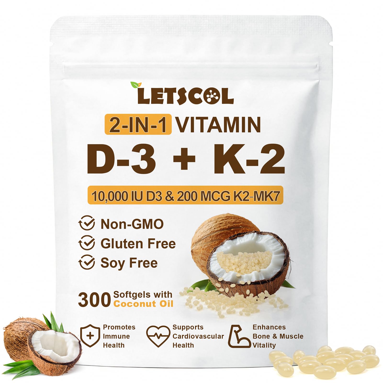 LETSCOL 2-in-1 Vitamin D3 K2 Supplement Softgel, Vitamin D3 10000 IU and Vitamin K2 200 mcg, K2 MK7 with D3 Vitamin Supplement Support Immune, Heart, Joint, Teeth & Bone Health