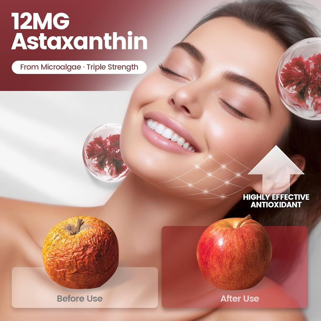 10 in 1 Astaxanthin Supplements 12mg, 8 Month Supply, Astaxantina Antioxidant from Fresh Haematococcus Pluvialis, Contains Lycopene, Grape Seed, Vitamin E, More Supports Eye, Joints, Skin Health, 2Bag