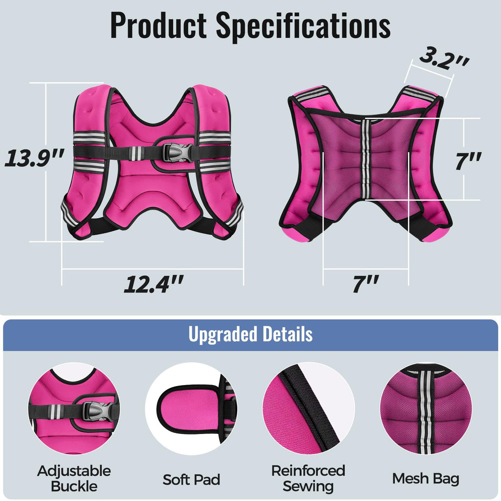 Zeerun Weighted Vest for Women & Men with Reflective Stripe and Adjustable Buckle, Comfortable & Durable Rucking Vest for Walking, Running & Strength Training, 6LBS-Pink