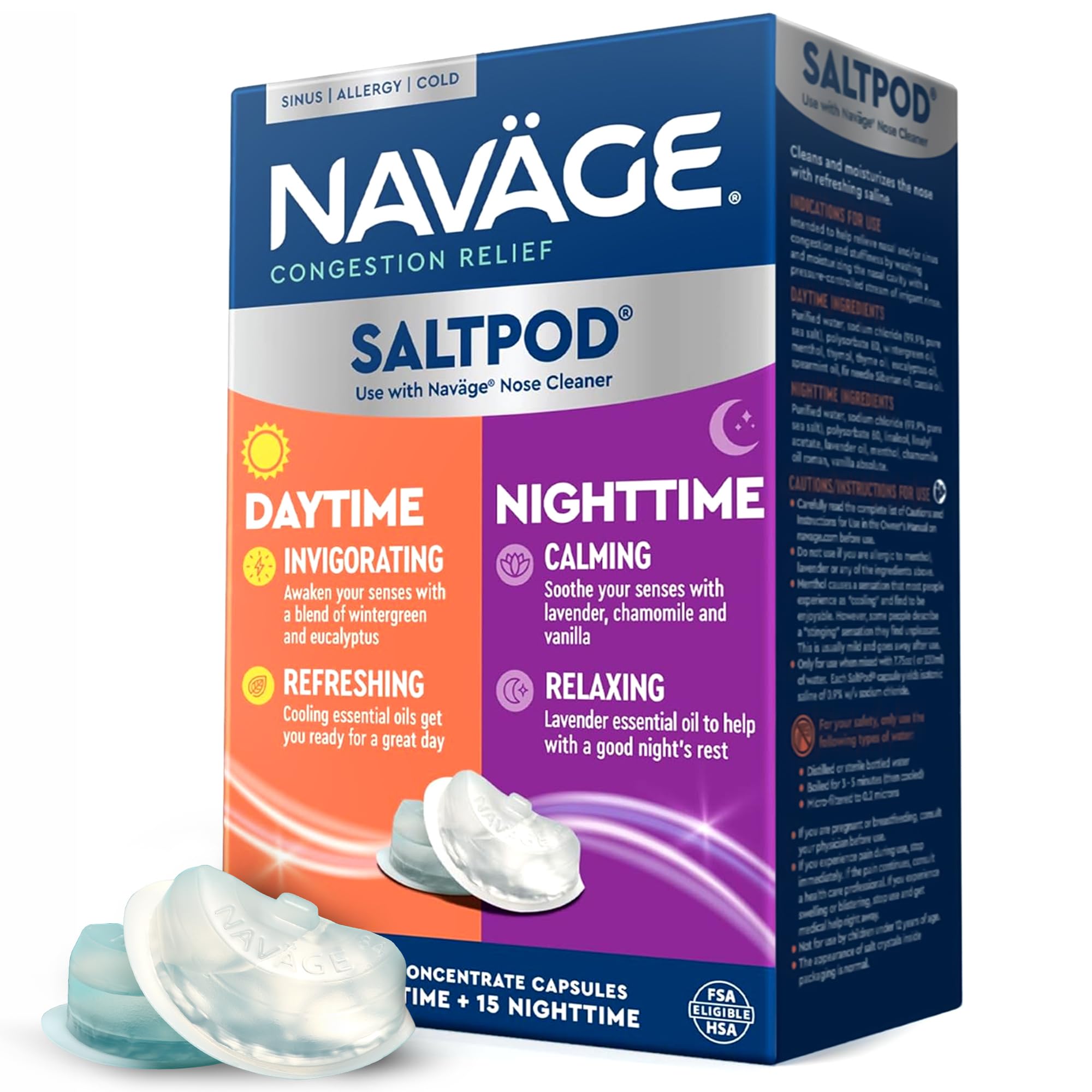 Navage® Salt Pods Refills Daytime & Nighttime 3 30-Packs (45 Each Variety) - Morning & Night Congestion Relief, Designed for the Nose Cleaner, Sinus Rinse for Better Breathing Around The Clock