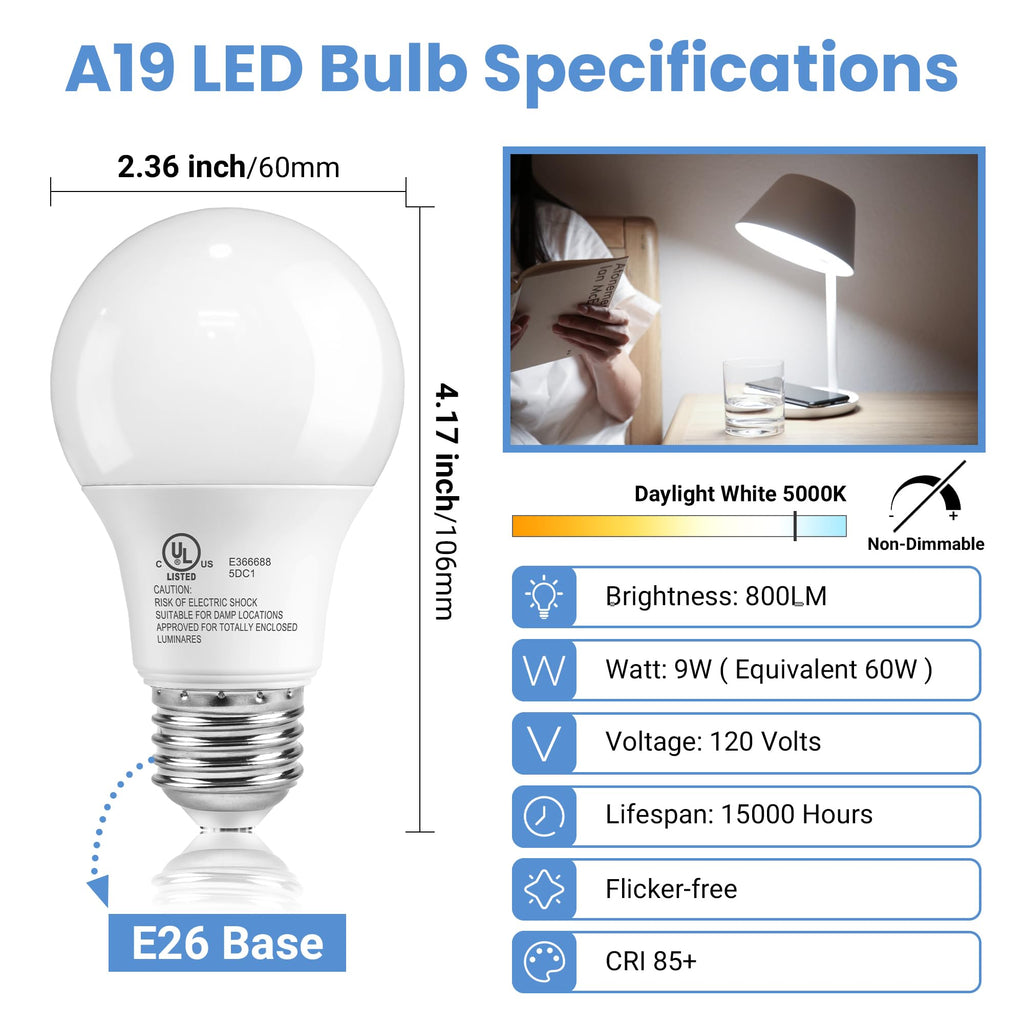 TJOY 6 Pack A19 LED Light Bulbs, Daylight White 5000K, 60 Watt Equivalent