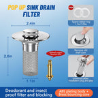 Vakabiu 2024 New Pop Up Bathroom Sink Drain Strainer Hair Catcher, Sink Drain Stopper with Removable Stainless Steel Filter Basket,for US Bathroom Sink Stopper Replacement (2PCS)
