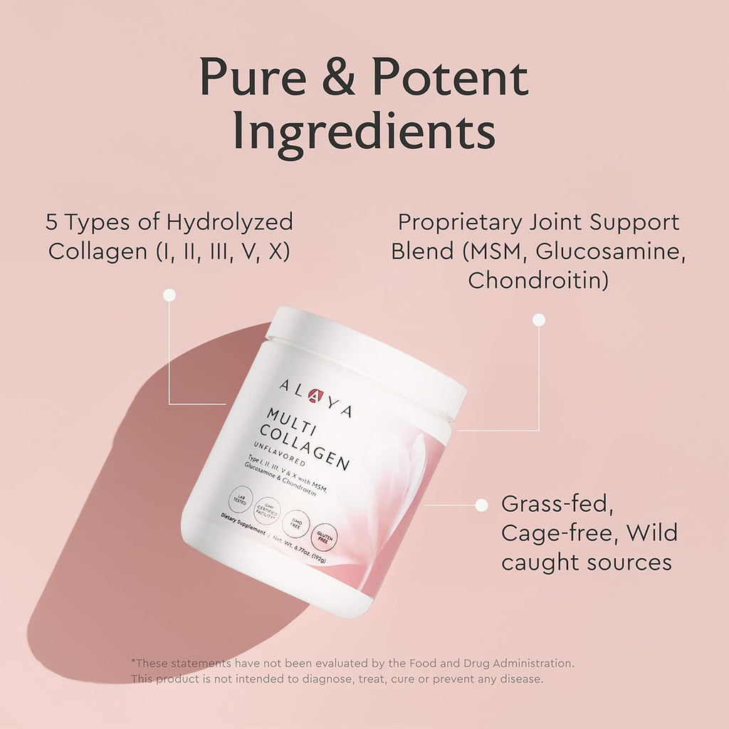 Alaya Multi Collagen Powder - Supports Hair, Skin, Nails & Bone Health for Women and Men - 5 Types Hydrolyzed Collagen Peptides Protein Powder Supplement with MSM + Glucosamine (20 Serving)