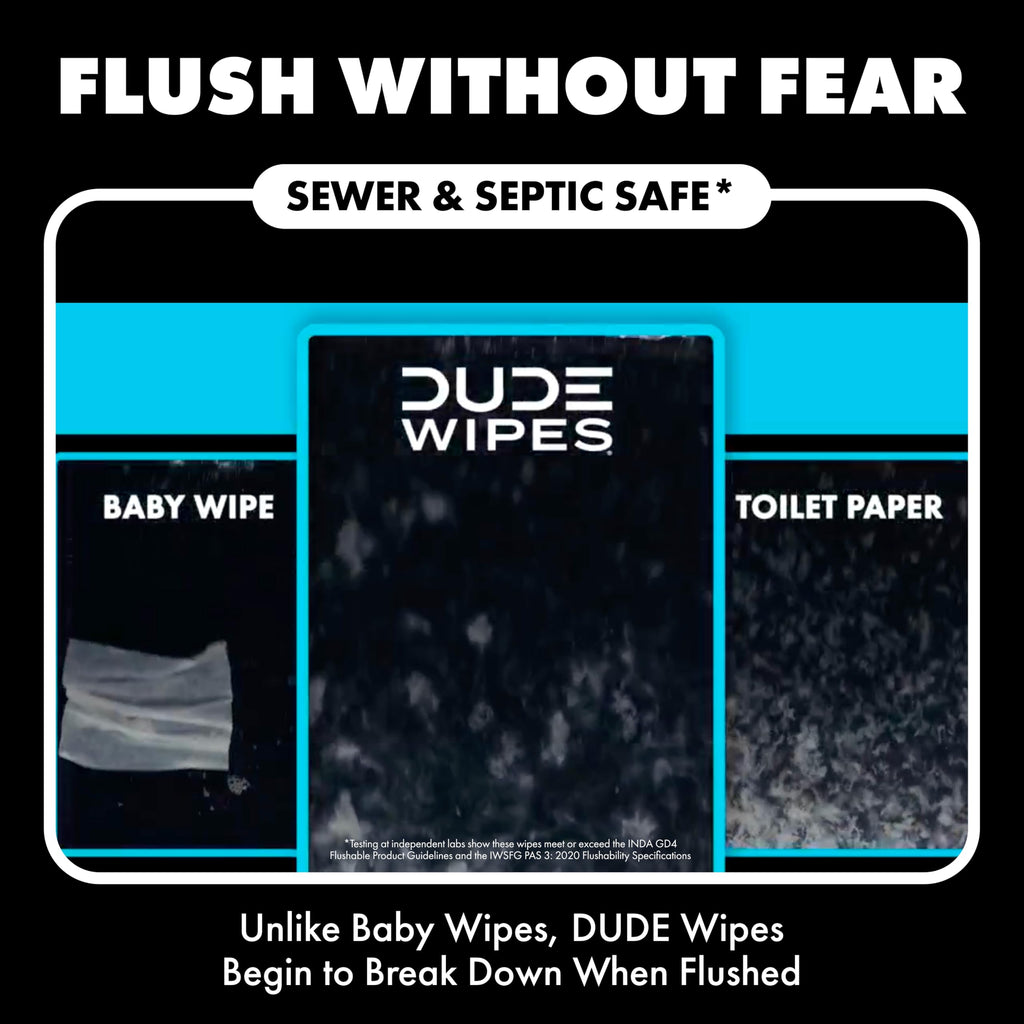 DUDE Wipes Odor Destroyer Flushable Wipes - Extra-Large Adult Wet Wipes - 6 Pack (288 Count) - Deodorizing, Lightly Scented, Controls Odor for up to 24 Hours - Septic and Sewer Safe