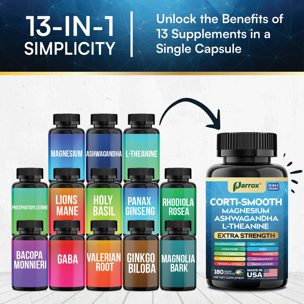 Parrox Corti-Smooth Cortisol Supplement Magnesium, L-Theanine, Ashwagandha, Magnolia Bark, Panax Ginseng, Bacopa Monnieri, GABA, Lions Mane, Ginkgo Biloba, Phosphatidylserine, Valerian Root (180 Caps)