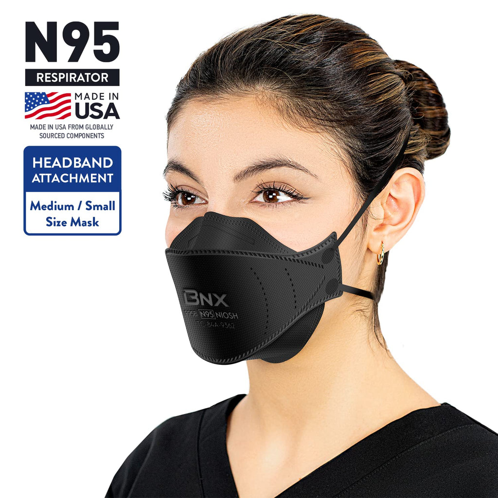 BNX N95 Mask NIOSH Certified MADE IN USA Particulate Respirator Protective Face Mask, Tri-Fold Cup/Fish Style, (20-Pack, Approval Number TC-84A-9362 / Model F95B) Black