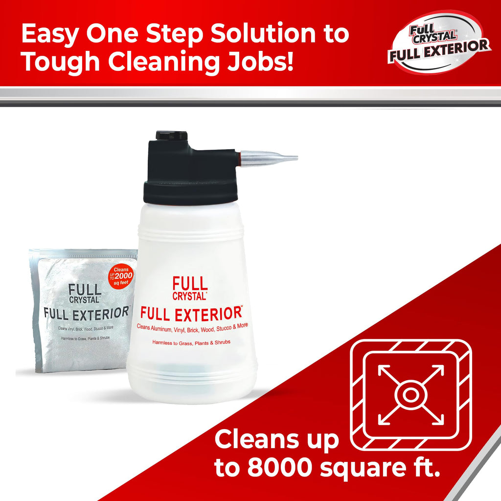 Full Exterior Kit – Bottle, Lid with Hose Attachment and One 4 oz Crystal Powder Outdoor Cleaner, Makes Up to 640 fl oz, Non-Toxic, No Scrub, No Rinse Cleaning Kit – Packaging May Vary