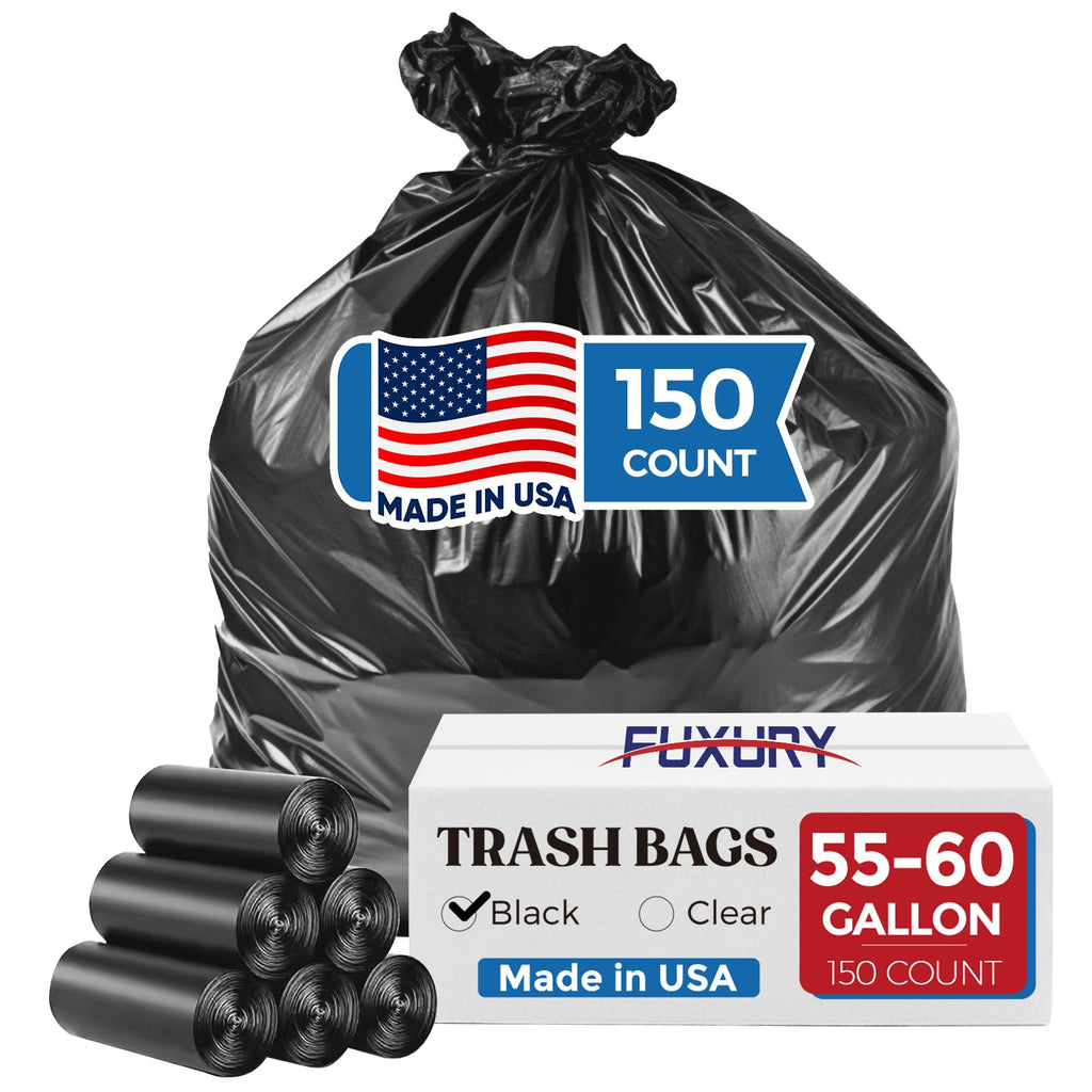 Fuxury 55-60 Gallon Trash Bags 150 Count Black Garbage Bags Made in USA