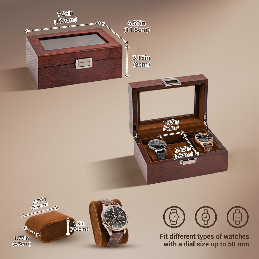 ProCase Wooden Watch Box, 3 Slot Mens Watch Display Case, Espresso
