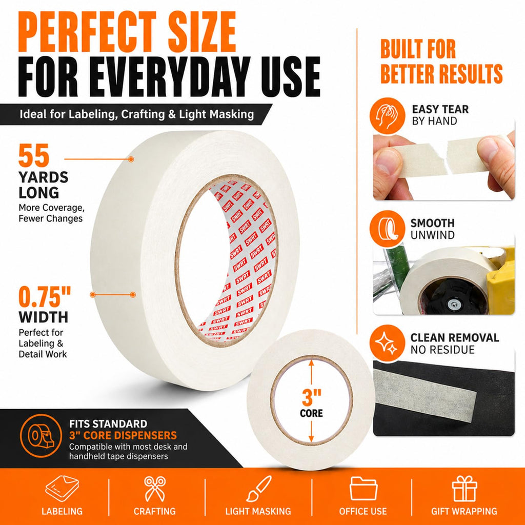 SWRT Masking Tape 0.75 inch x 55 Yards x 10 Rolls (550 Total Yards), Adhesive Painting Tape Bulk for General Purpose Beige White Color for Painting, Crafting, School Stationery, Arts, Home Use etc