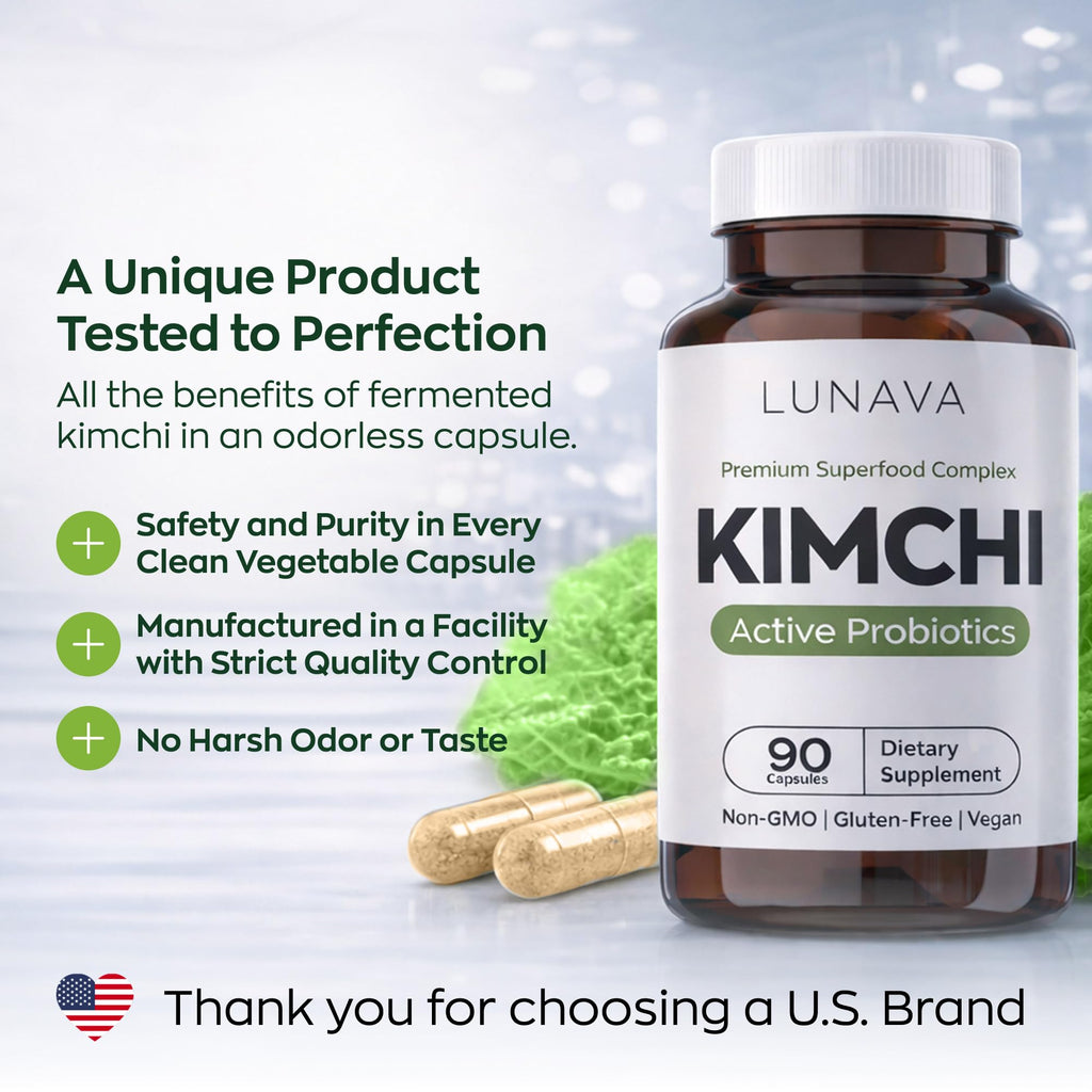 LUNAVA Kimchi Capsules with Prebiotics & Probiotics, Fermented Kimchi Superfood Supplement, Gut Health Supplements, One Complete Formula for Digestive and Immune Support, 90 Vegan Capsules