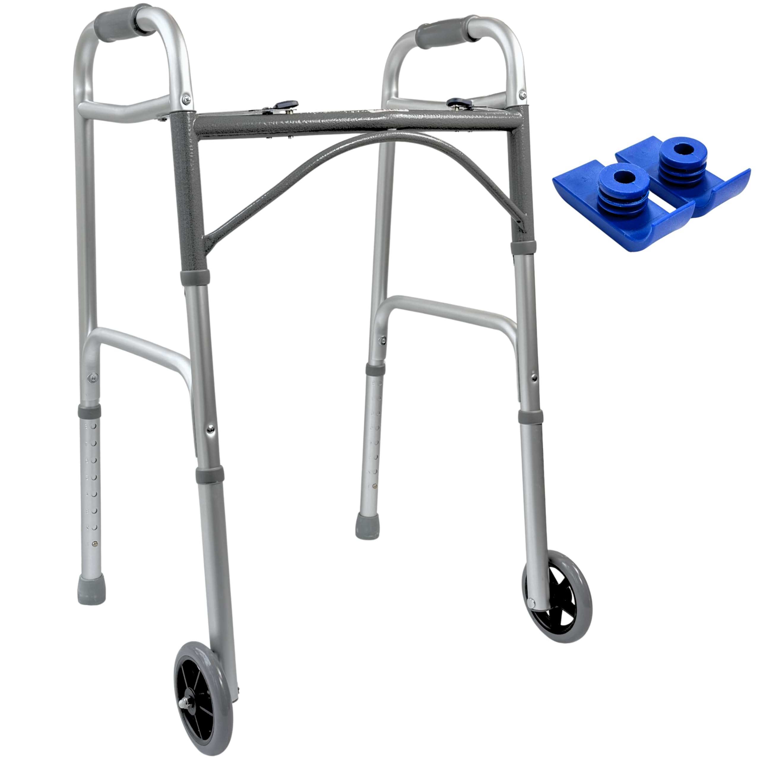 Foldable Lightweight Walker with 2 Wheels, Includes Ski Glides - Folding Design Ideal for Seniors and Elderly Adults - Adjustable for Tall Men and Women - Standing Handicap Mobility Aids
