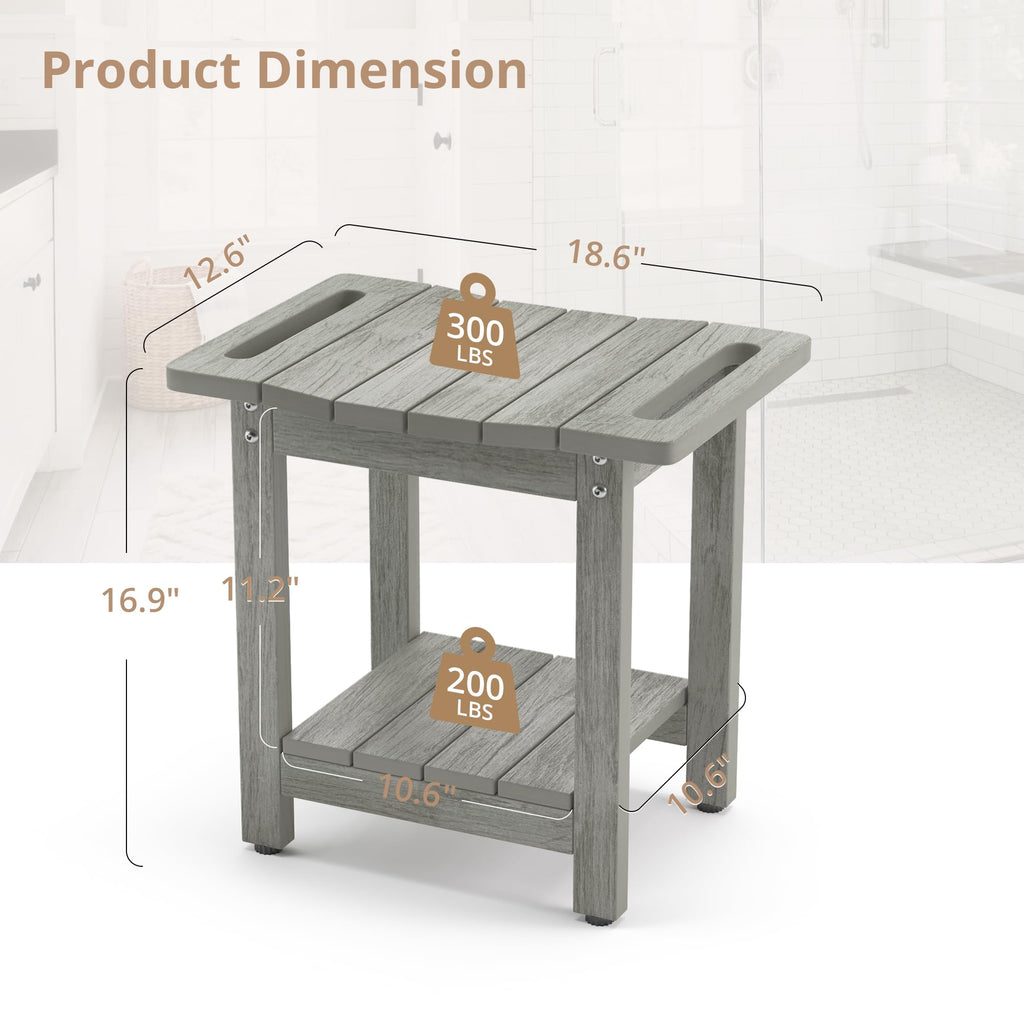 LUE BONA HDPS Shower Benches for Inside Shower, Gray Shower Stool for Shaving Legs with Shelf, Waterproof Shower Chair Seat for Spa Bathroom, Weather Resistant/Non-Slip/Handles/Indoor or Outdoor Use
