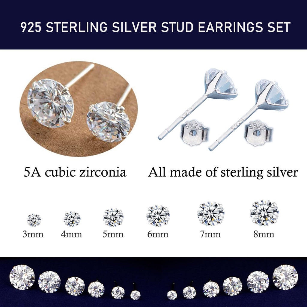 SILBERTALE 3 Pairs 925 Sterling Silver Cubic Zirconia Stud Earrings Set 3-8mm for Men Women